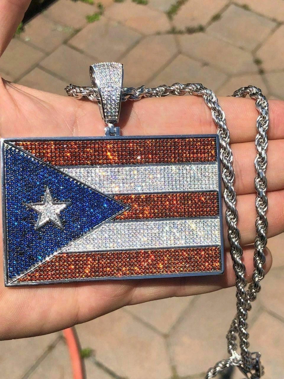 HUGE 2X3" 925 Silver Gold Plated Puerto Rico Flag Pendant BORICUA Rican Chain CZ 7 HUGE 2X3" 925 Silver Gold Plated Puerto Rico Flag Pendant BORICUA Rican Chain CZ - Image 5