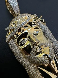 HUGE 3" Solid 10k Yellow Gold 38 Gram Jesus Piece Iced VVS Moissanite Pendant -Harlem Bling Shop italiano silver inc huge 3 solid 10k yellow gold 38 gram jesus piece iced vvs moissanite pendant 36185.1693789836