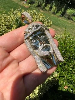 HUGE 3" Solid 10k Yellow Gold 38 Gram Jesus Piece Iced VVS Moissanite Pendant -Harlem Bling Shop italiano silver inc huge 3 solid 10k yellow gold 38 gram jesus piece iced vvs moissanite pendant 50348.1693789799