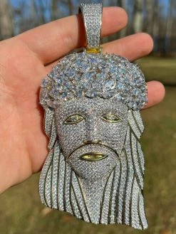 HUGE 6" 290 Gram 14k Gold Vermeil Silver Mens Iced Baguette Diamond Jesus Piece