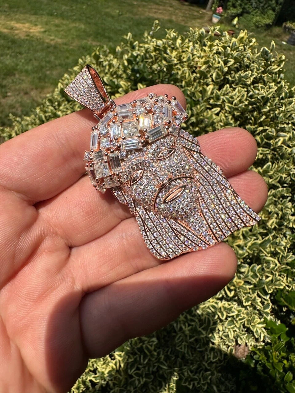 Iced Baguette MOISSANITE Rose Gold Plated Jesus Piece Pendant Pass Test Hip Hop 7 Iced Baguette MOISSANITE Rose Gold Plated Jesus Piece Pendant Pass Test Hip Hop - Image 5