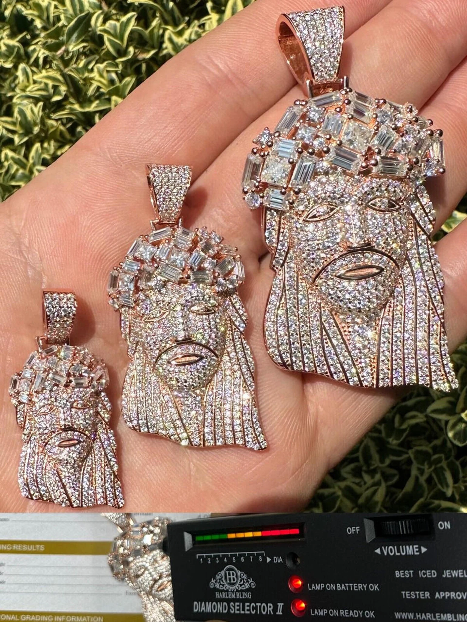 Iced Baguette MOISSANITE Rose Gold Plated Jesus Piece Pendant Pass Test Hip Hop 3 Iced Baguette MOISSANITE Rose Gold Plated Jesus Piece Pendant Pass Test Hip Hop