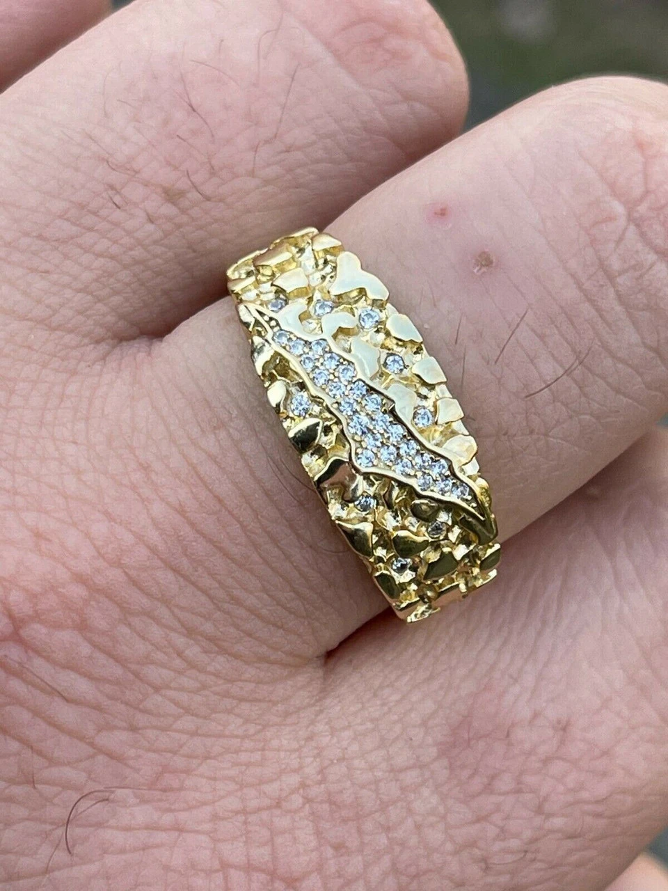 Men REAL Solid 925 Sterling Silver & 14k Gold Nugget Band Ring W. Iced Claw Mark 4 Men REAL Solid 925 Sterling Silver & 14k Gold Nugget Band Ring W. Iced Claw Mark - Image 2