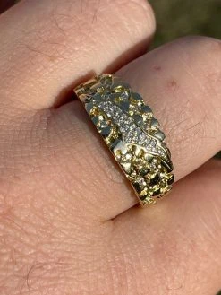 Men REAL Solid 925 Sterling Silver & 14k Gold Nugget Band Ring W. Iced Claw Mark