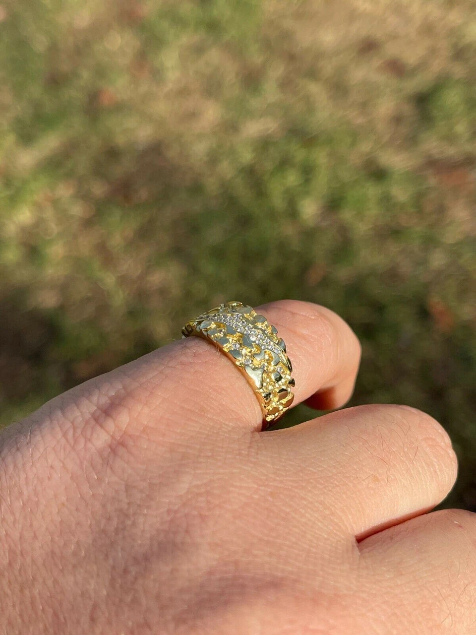 Men REAL Solid 925 Sterling Silver & 14k Gold Nugget Band Ring W. Iced Claw Mark 11 Men REAL Solid 925 Sterling Silver & 14k Gold Nugget Band Ring W. Iced Claw Mark - Image 9