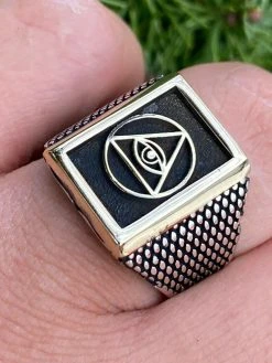 Mens 14k Gold & Real Solid 925 Silver All Seeing Eye Of Providence Masonic Ring