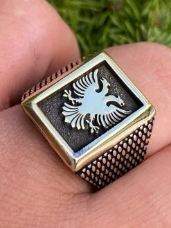 Mens 14k Gold & Real Solid 925 Sterling Silver Albanian Double Headed Eagle Ring