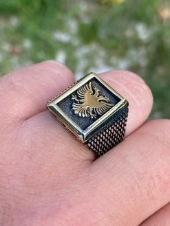 Mens 14k Gold & Real Solid 925 Sterling Silver Albanian Double Headed Eagle Ring -Harlem Bling Shop italiano silver inc mens 14k gold and real solid 925 sterling silver albanian double headed eagle ring 42768.1664377354