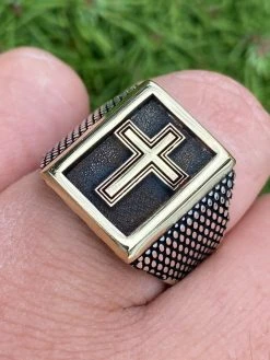 Mens 14k Gold & Real Solid 925 Sterling Silver Christian Cross Ring Oxidized
