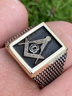 Mens 14k Gold & Real Solid 925 Sterling Silver Free Mason Masonic Letter G Ring
