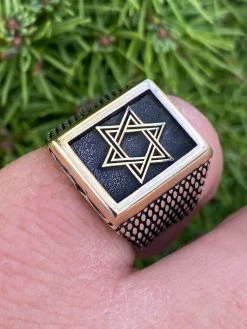 Mens 14k Gold & Real Solid 925 Sterling Silver Jewish Star Of Magen David Ring