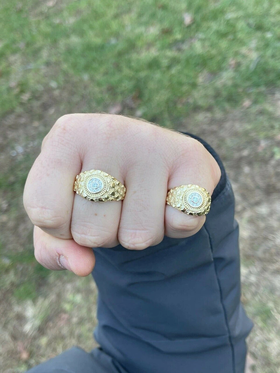 Mens 14k Gold Over REAL Solid 925 Silver Nugget Ring Solitaire Iced Diamonds 7 Mens 14k Gold Over REAL Solid 925 Silver Nugget Ring Solitaire Iced Diamonds - Image 5