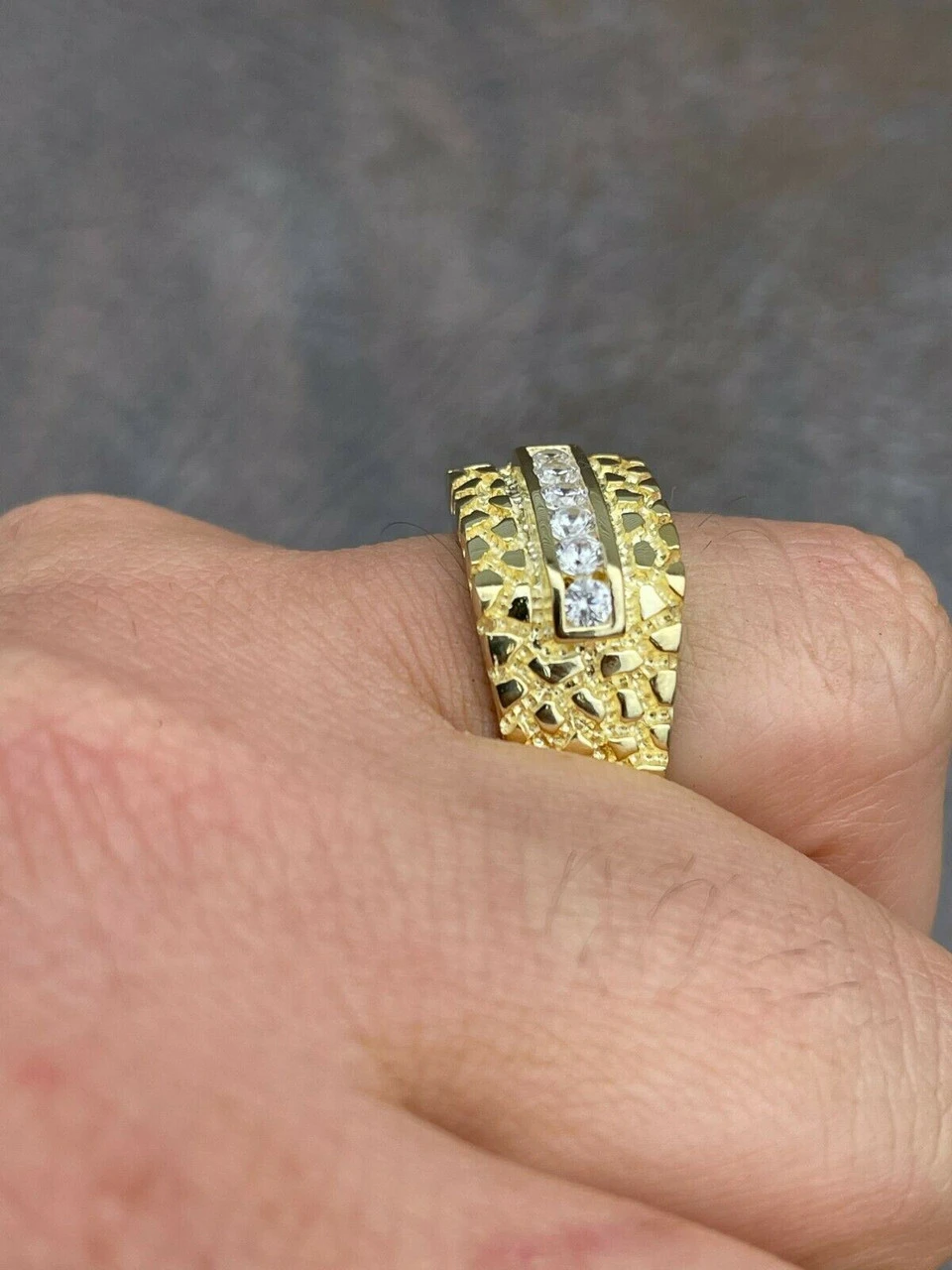 Men's 14k Gold Over Real Solid Sterling Silver Iced Diamond Nugget Ring Hip Hop 5 Men's 14k Gold Over Real Solid Sterling Silver Iced Diamond Nugget Ring Hip Hop - Image 3