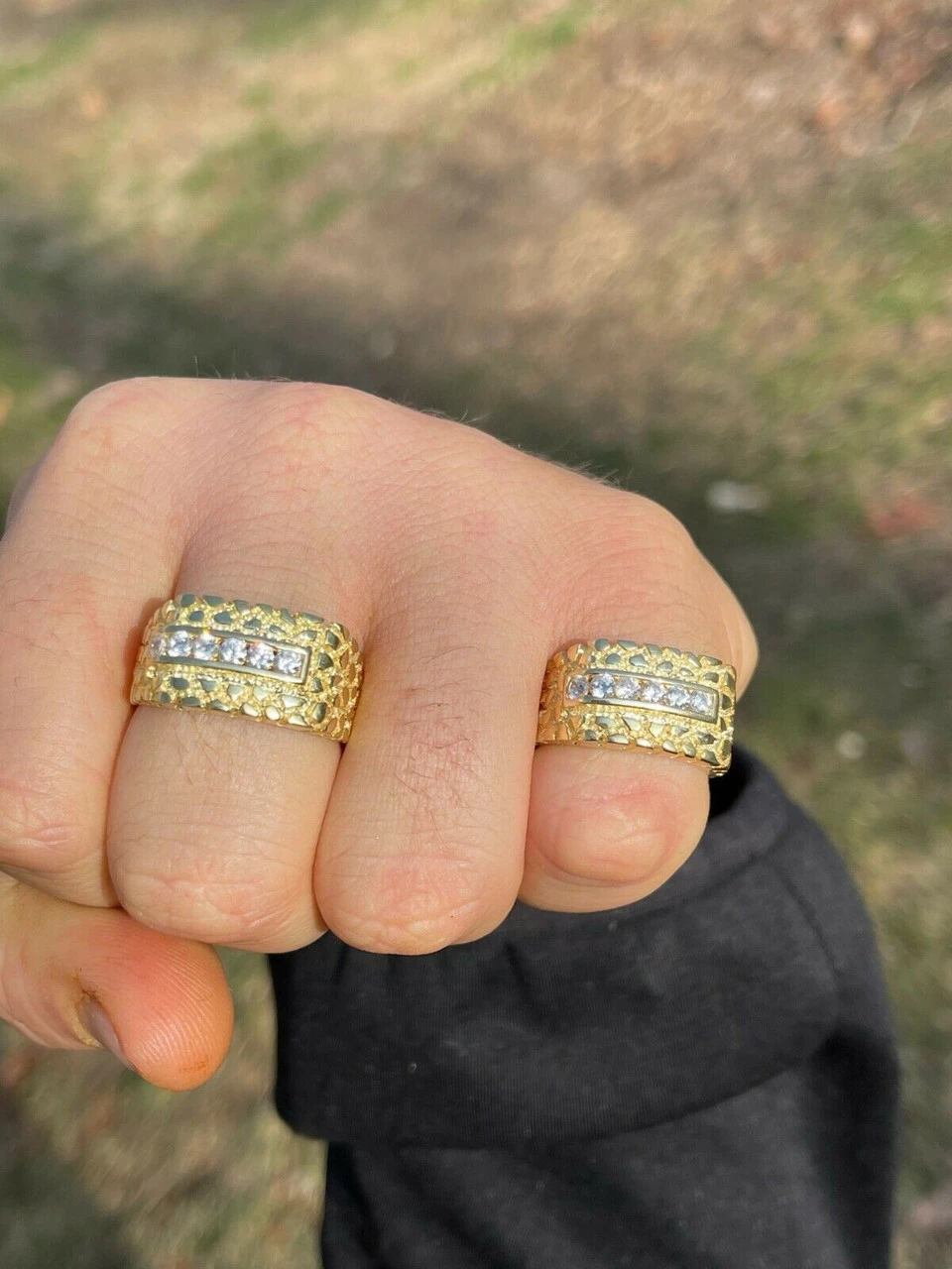 Men's 14k Gold Over Real Solid Sterling Silver Iced Diamond Nugget Ring Hip Hop 4 Men's 14k Gold Over Real Solid Sterling Silver Iced Diamond Nugget Ring Hip Hop - Image 2