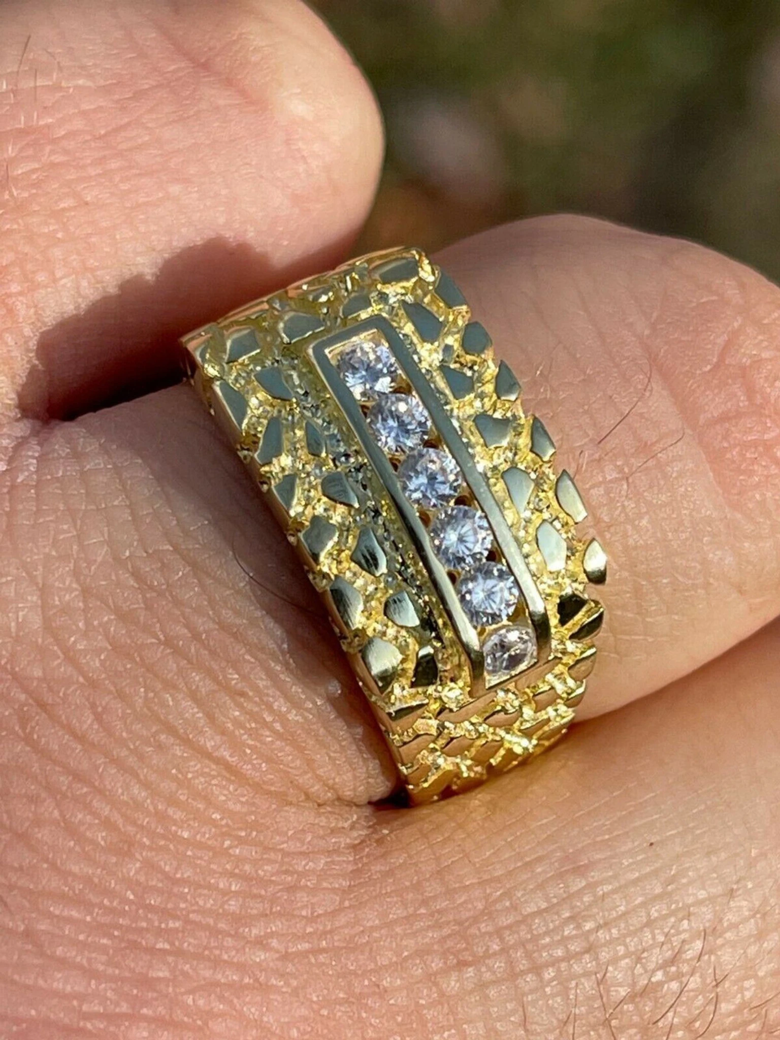 Men's 14k Gold Over Real Solid Sterling Silver Iced Diamond Nugget Ring Hip Hop 3 Men's 14k Gold Over Real Solid Sterling Silver Iced Diamond Nugget Ring Hip Hop