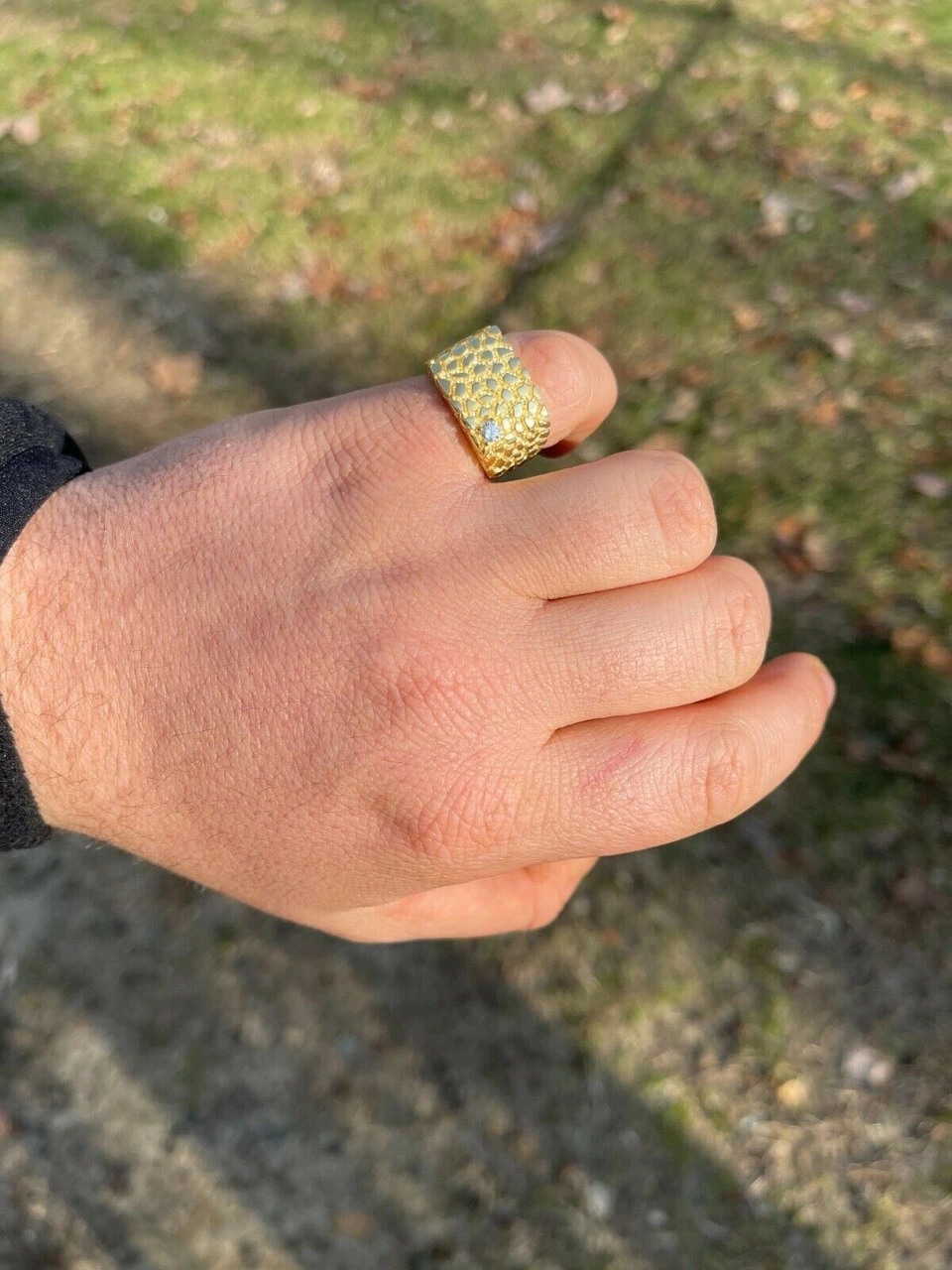 Men's 14k Gold Over Real Solid Sterling Silver Nugget Ring Solitaire CZ Hip Hop 4 Men's 14k Gold Over Real Solid Sterling Silver Nugget Ring Solitaire CZ Hip Hop - Image 2