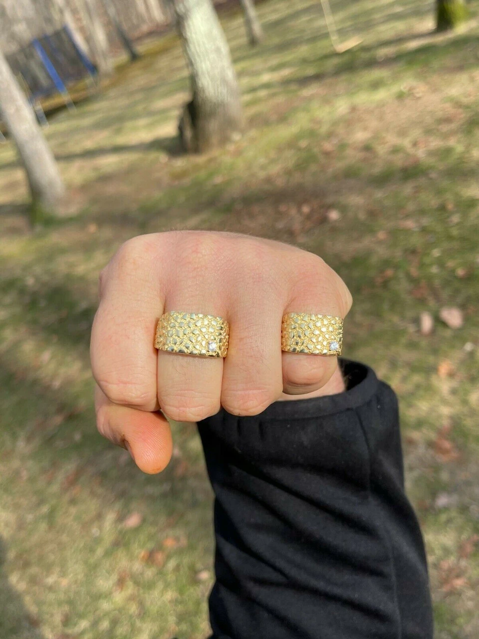 Men's 14k Gold Over Real Solid Sterling Silver Nugget Ring Solitaire CZ Hip Hop 5 Men's 14k Gold Over Real Solid Sterling Silver Nugget Ring Solitaire CZ Hip Hop - Image 3