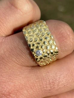 Men's 14k Gold Over Real Solid Sterling Silver Nugget Ring Solitaire CZ Hip Hop