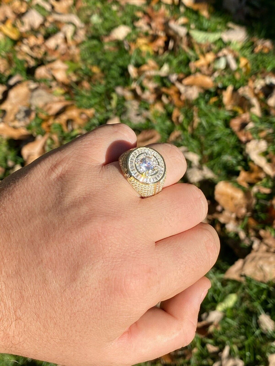 Men's 14k Gold Over Solid 925 Sterling Silver Big Diamond Solitaire RING Pinky 4 Men's 14k Gold Over Solid 925 Sterling Silver Big Diamond Solitaire RING Pinky - Image 2