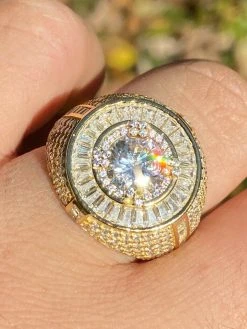 Men's 14k Gold Over Solid 925 Sterling Silver Big Diamond Solitaire RING Pinky