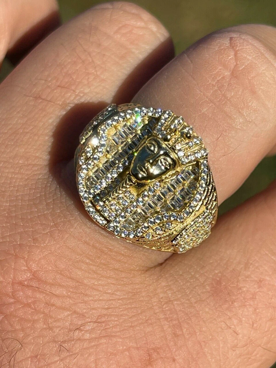 Men's 14k Gold Over Solid 925 Sterling Silver Egyptian King Pharaoh Iced Ring 9 Men's 14k Gold Over Solid 925 Sterling Silver Egyptian King Pharaoh Iced Ring - Image 7