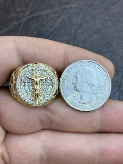 Men's 14k Gold Over Solid 925 Sterling Silver Iced Jesus Cross Nugget Ring Pinky -Harlem Bling Shop italiano silver inc mens 14k gold over solid 925 sterling silver iced jesus cross nugget ring pinky 28166.1664384857