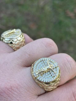 Men's 14k Gold Over Solid 925 Sterling Silver Iced Jesus Cross Nugget Ring Pinky -Harlem Bling Shop italiano silver inc mens 14k gold over solid 925 sterling silver iced jesus cross nugget ring pinky 49032.1664375590
