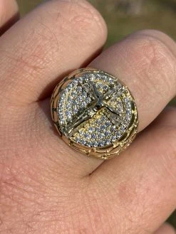 Men's 14k Gold Over Solid 925 Sterling Silver Iced Jesus Cross Nugget Ring Pinky