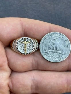 Mens 14k Yellow Gold Over Solid 925 Sterling Silver Coin Ring Jesus Cross Nugget -Harlem Bling Shop italiano silver inc mens 14k yellow gold over solid 925 sterling silver coin ring jesus cross nugget 84168.1664397861
