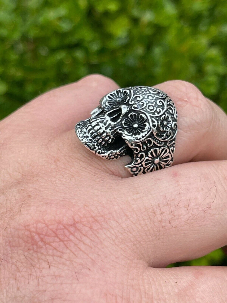 Men's 925 Sterling Silver Calavera Day Of Dead Sugar Flower Skull Death Ring 4 Men's 925 Sterling Silver Calavera Day Of Dead Sugar Flower Skull Death Ring - Image 2