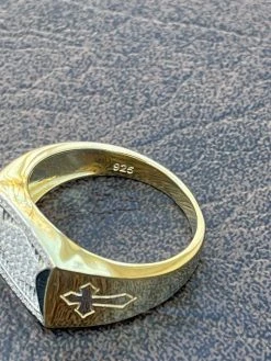 Mens Bling Gold Vermeil Over Solid 925 Silver Two Tone Cross Iced CZ Ring Drip -Harlem Bling Shop italiano silver inc mens bling gold vermeil over solid 925 silver two tone cross iced cz ring drip 77960.1664383063