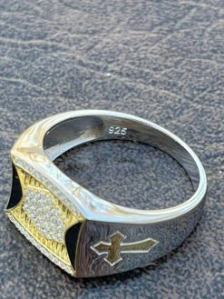 Mens Bling Solid 925 Sterling Silver & 14k Gold Two Tone Cross Iced CZ Ring Drip -Harlem Bling Shop italiano silver inc mens bling solid 925 sterling silver and 14k gold two tone cross iced cz ring drip 37952.1664375133
