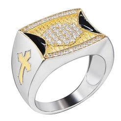 Mens Bling Solid 925 Sterling Silver & 14k Gold Two Tone Cross Iced CZ Ring Drip