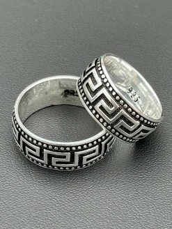 Mens Plain Ring Real 925 Sterling Silver & Black Oxidized Wedding Band Greek Key