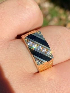 Men's Real 14k Gold Solid 925 Silver Nugget Black Onyx Ring Iced Hip Hop Anillo