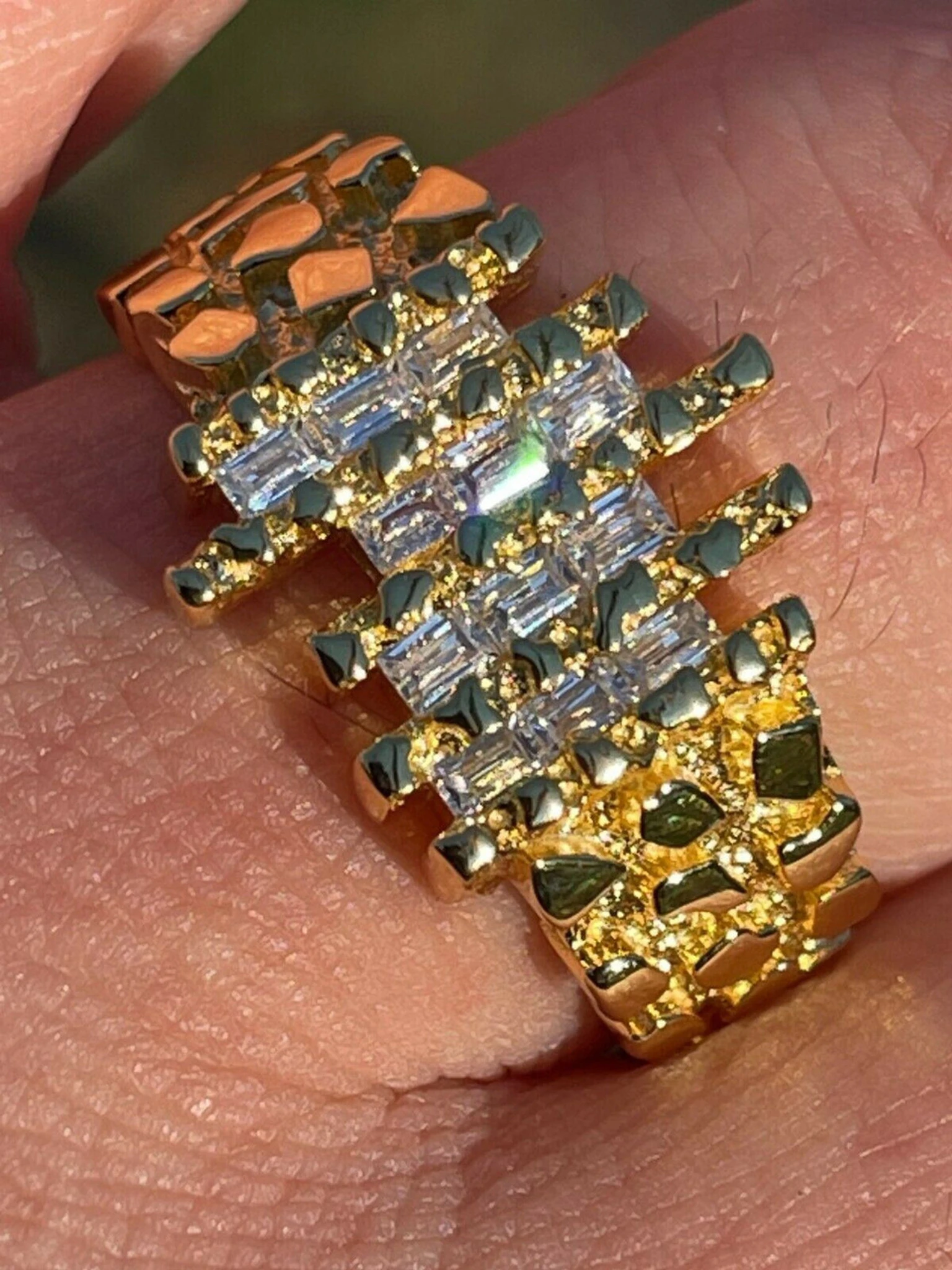 Mens REAL 925 Sterling Silver & 14k Gold Nugget Ring Baguette Iced Hip Hop Ring 3 Mens REAL 925 Sterling Silver & 14k Gold Nugget Ring Baguette Iced Hip Hop Ring