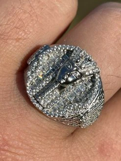 Men's Real 925 Sterling Silver Egyptian King Pharaoh Iced Ring Baguette Diamond