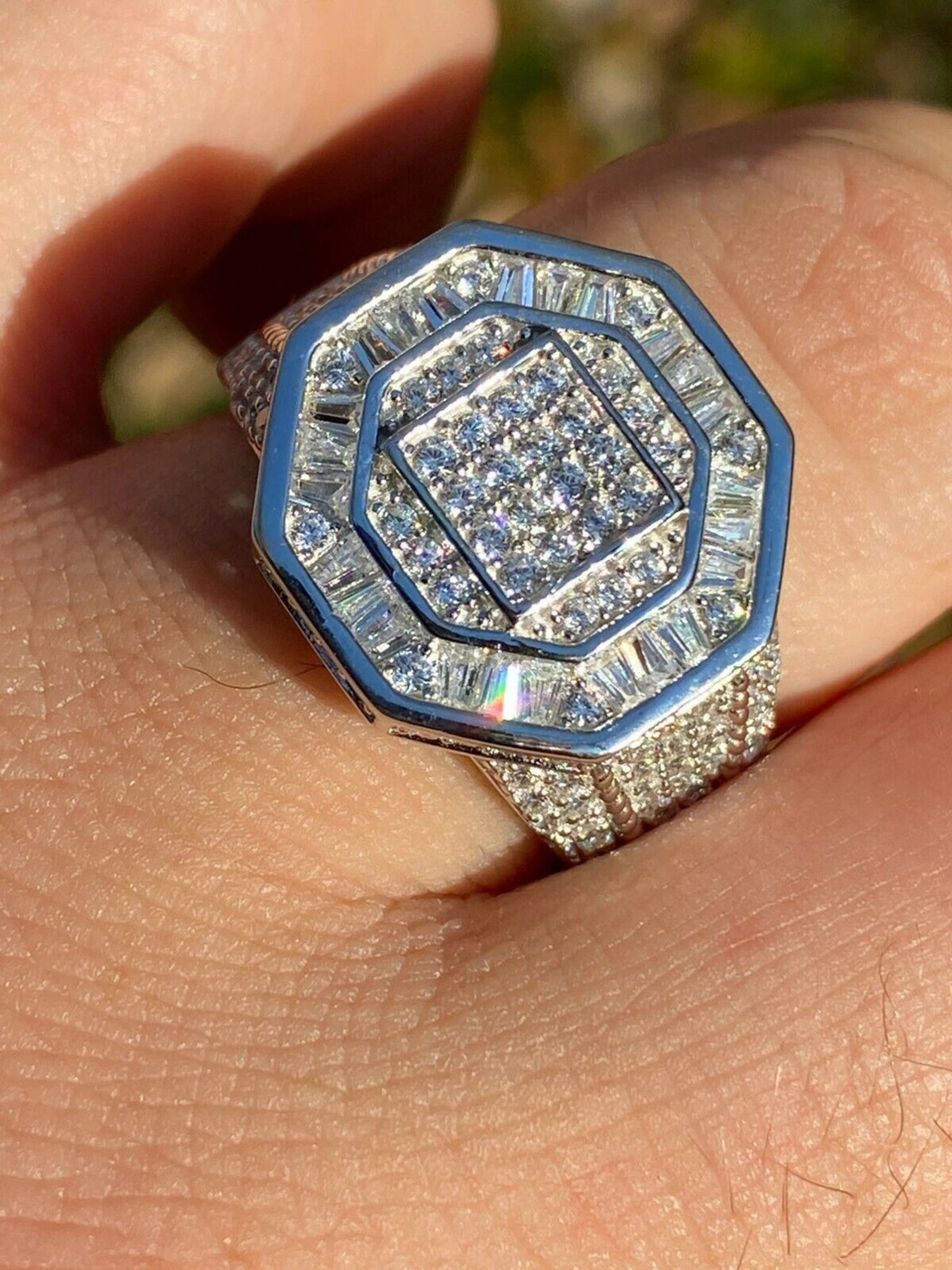 Men's Real Solid 925 Silver Octagonal Hip Hop RING Iced Pinky Baguette Diamond 3 Men's Real Solid 925 Silver Octagonal Hip Hop RING Iced Pinky Baguette Diamond