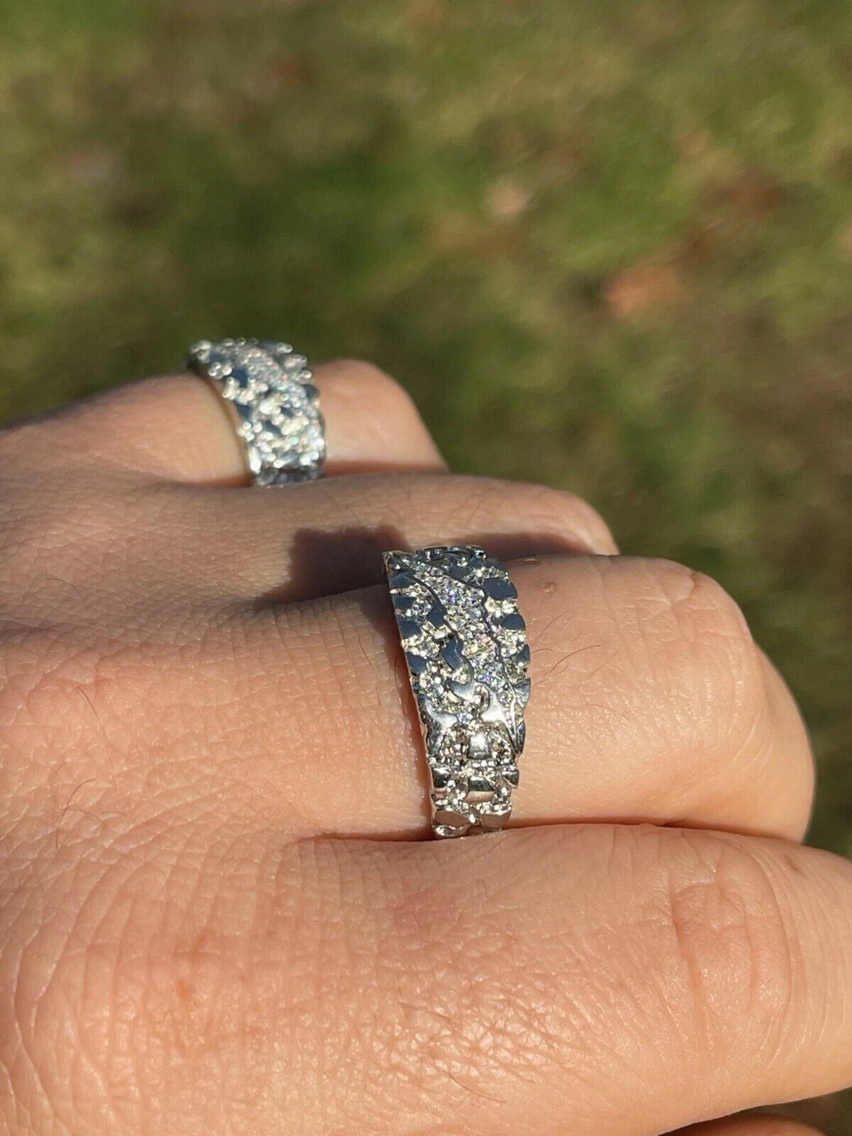 Mens REAL Solid 925 Sterling Silver Nugget Band Ring W. Iced Diamond Claw Mark 4 Mens REAL Solid 925 Sterling Silver Nugget Band Ring W. Iced Diamond Claw Mark - Image 2