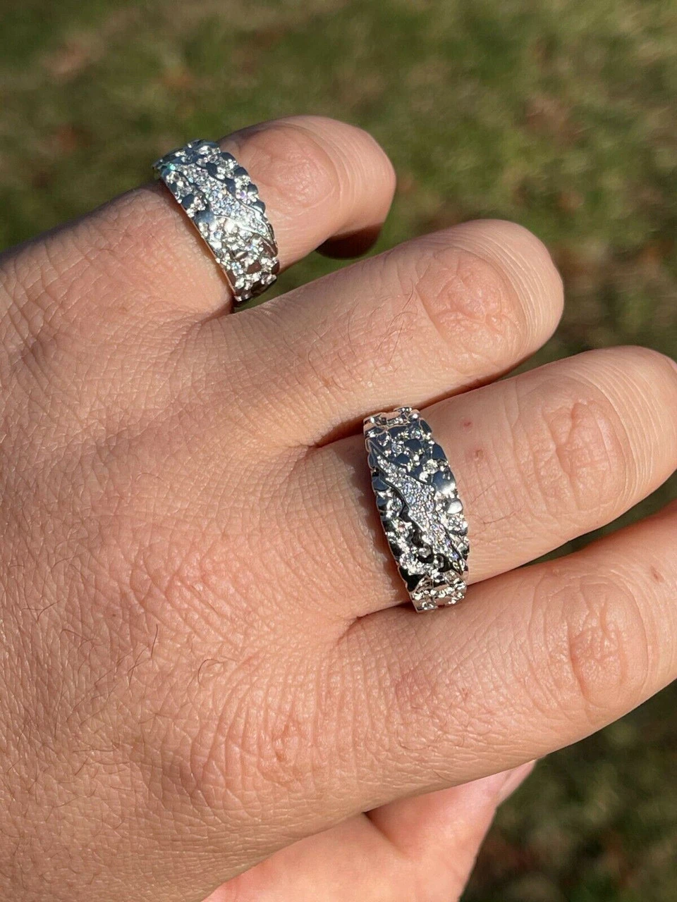 Mens REAL Solid 925 Sterling Silver Nugget Band Ring W. Iced Diamond Claw Mark 7 Mens REAL Solid 925 Sterling Silver Nugget Band Ring W. Iced Diamond Claw Mark - Image 5