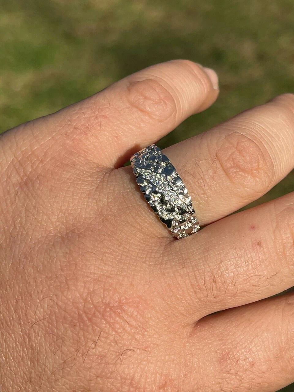 Mens REAL Solid 925 Sterling Silver Nugget Band Ring W. Iced Diamond Claw Mark 10 Mens REAL Solid 925 Sterling Silver Nugget Band Ring W. Iced Diamond Claw Mark - Image 8