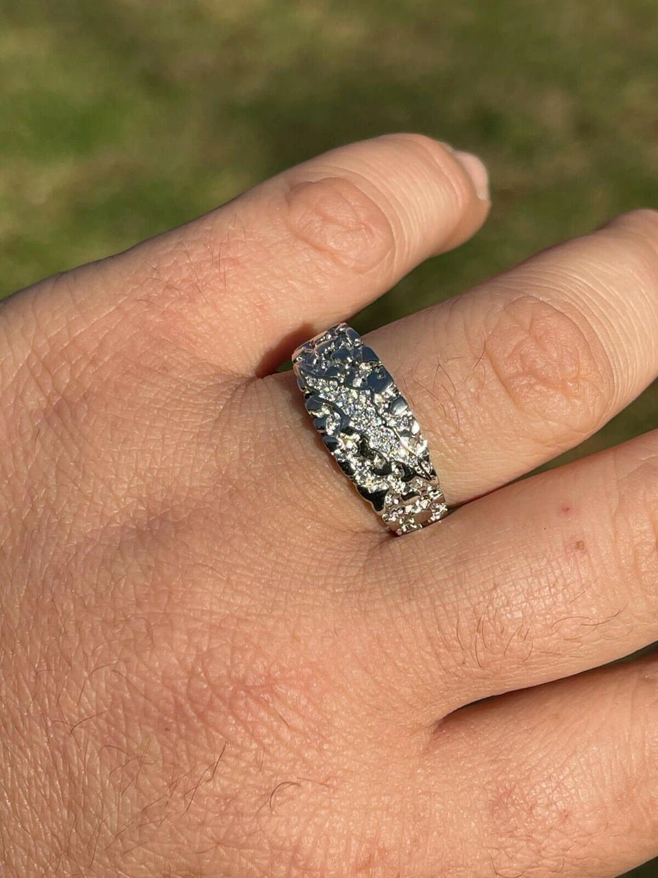 Mens REAL Solid 925 Sterling Silver Nugget Band Ring W. Iced Diamond Claw Mark 11 Mens REAL Solid 925 Sterling Silver Nugget Band Ring W. Iced Diamond Claw Mark - Image 9