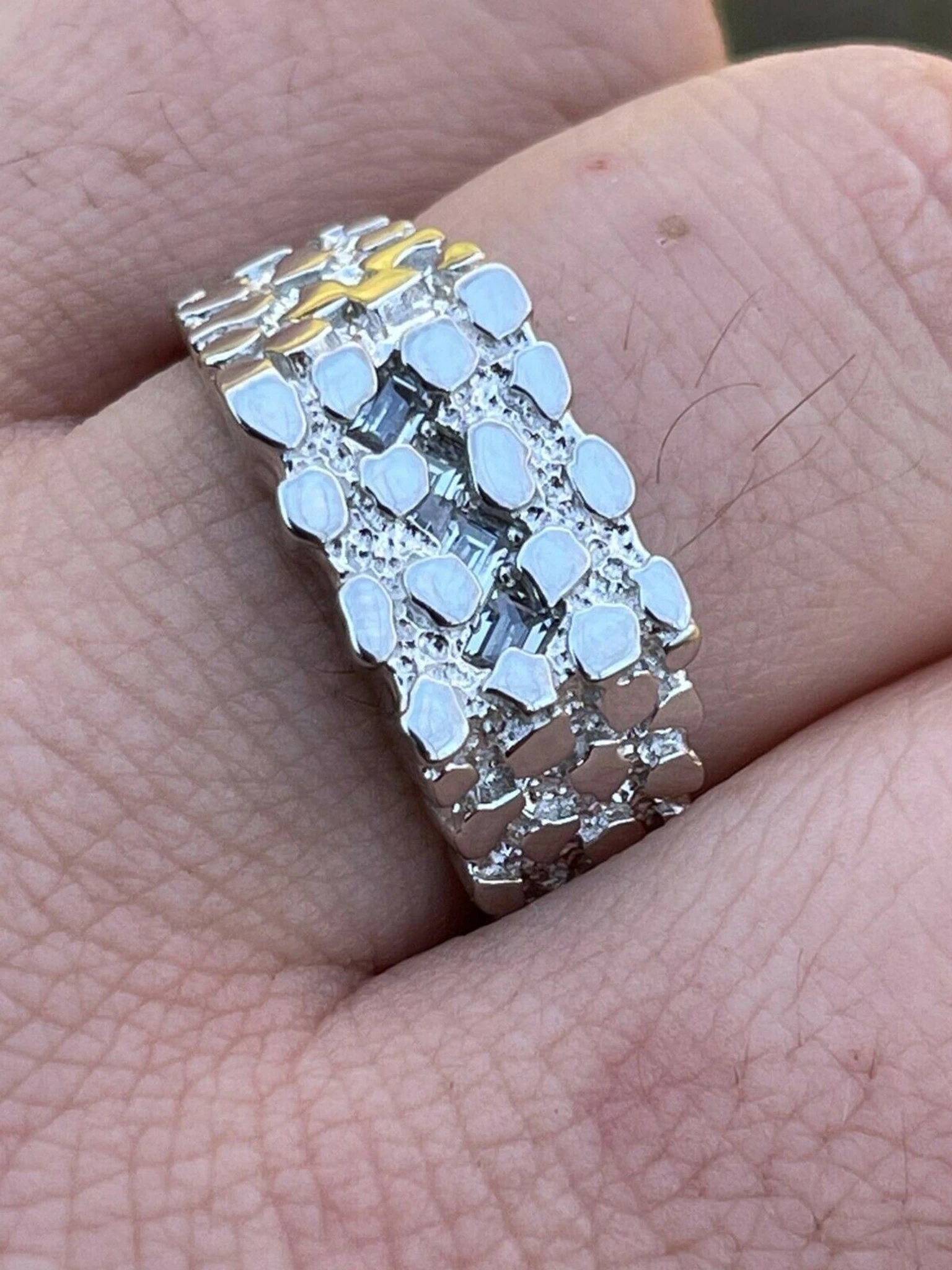Mens REAL Solid 925 Sterling Silver Nugget Ring Iced Baguette Diamonds Sz 6-13 3 Mens REAL Solid 925 Sterling Silver Nugget Ring Iced Baguette Diamonds Sz 6-13