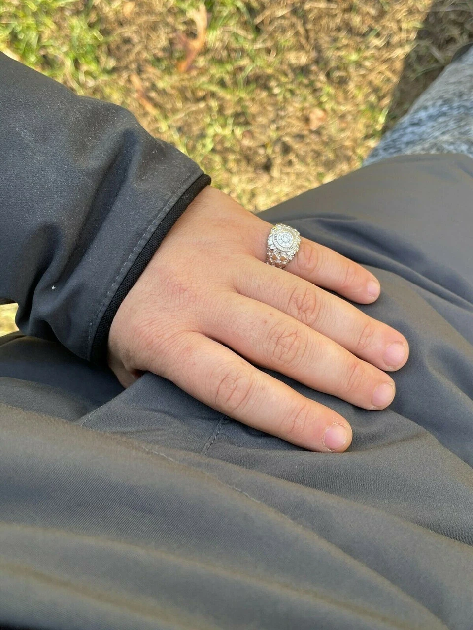 Mens REAL Solid 925 Sterling Silver Nugget Ring Solitaire Cluster Iced Diamonds 10 Mens REAL Solid 925 Sterling Silver Nugget Ring Solitaire Cluster Iced Diamonds - Image 8