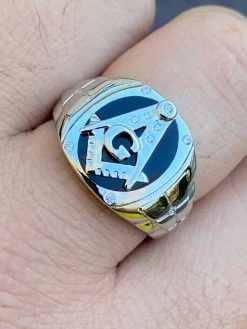 Mens Real Solid 925 Sterling Silver Ring FreeMason Masonic Letter G Black Onyx