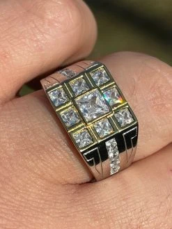 Mens REAL Solid 925 Sterling Silver W 10k Gold Bezel Iced Baguette Diamond Ring