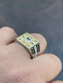 Mens REAL Solid 925 Sterling Silver W 10k Gold Bezel Iced Baguette Diamond Ring -Harlem Bling Shop italiano silver inc mens real solid 925 sterling silver w 10k gold bezel iced baguette diamond ring 68728.1664390211