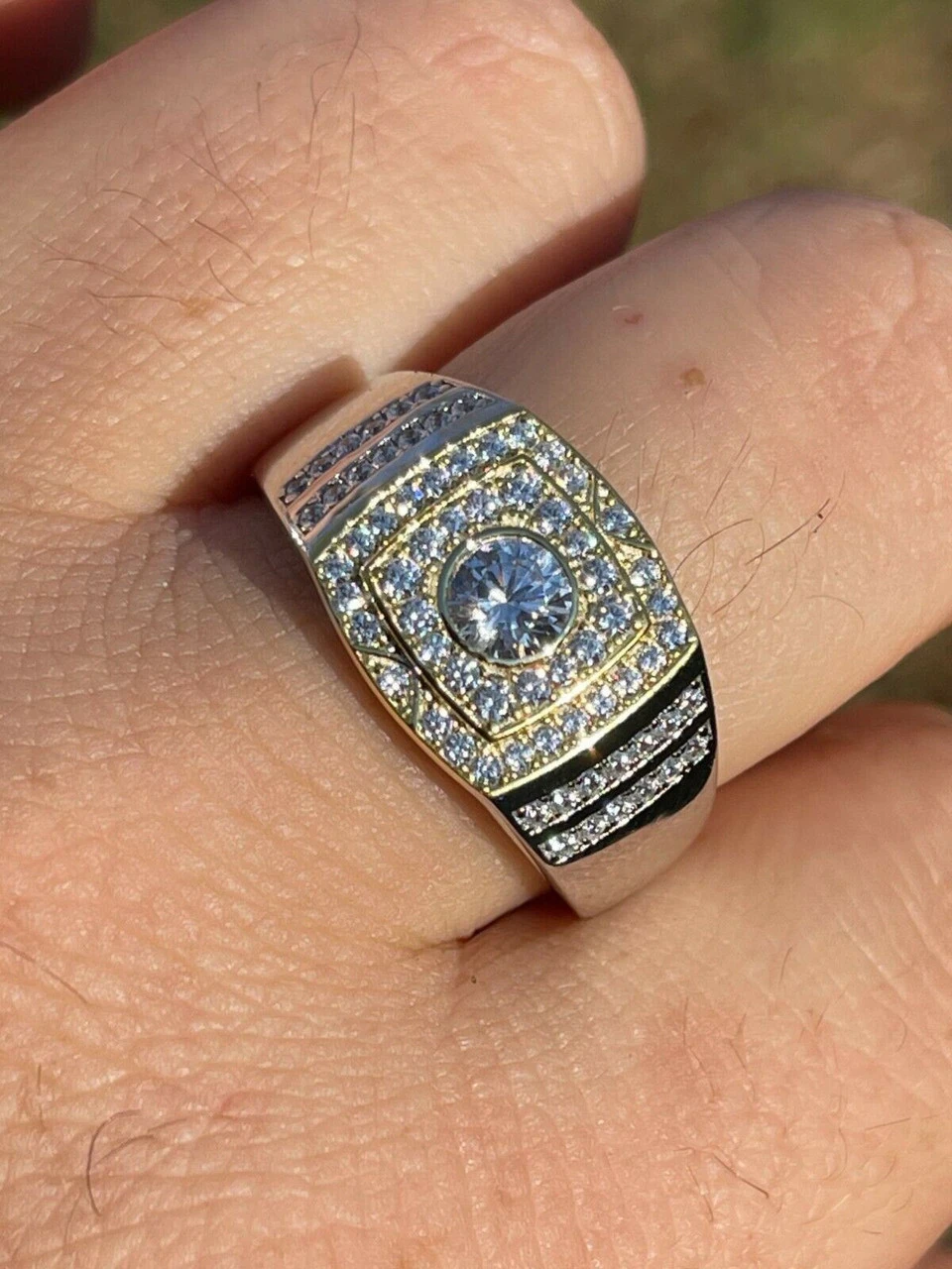 Mens REAL Solid 925 Sterling Silver W 10k Gold Bezel Iced Diamond Solitaire Ring 9 Mens REAL Solid 925 Sterling Silver W 10k Gold Bezel Iced Diamond Solitaire Ring - Image 7