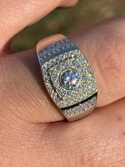 Mens REAL Solid 925 Sterling Silver W 10k Gold Bezel Iced Diamond Solitaire Ring