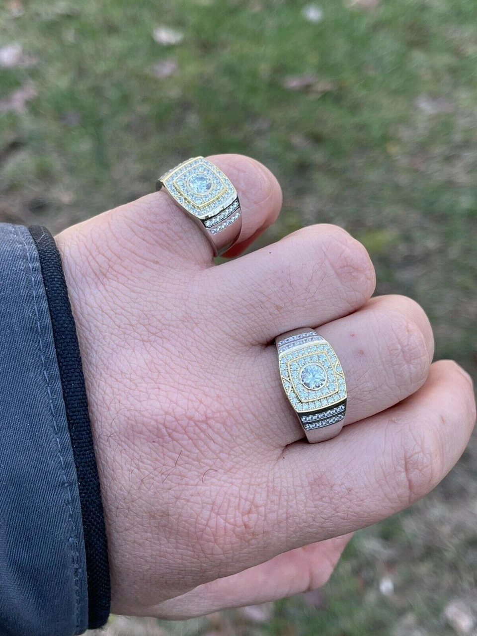 Mens REAL Solid 925 Sterling Silver W 10k Gold Bezel Iced Diamond Solitaire Ring 5 Mens REAL Solid 925 Sterling Silver W 10k Gold Bezel Iced Diamond Solitaire Ring - Image 3